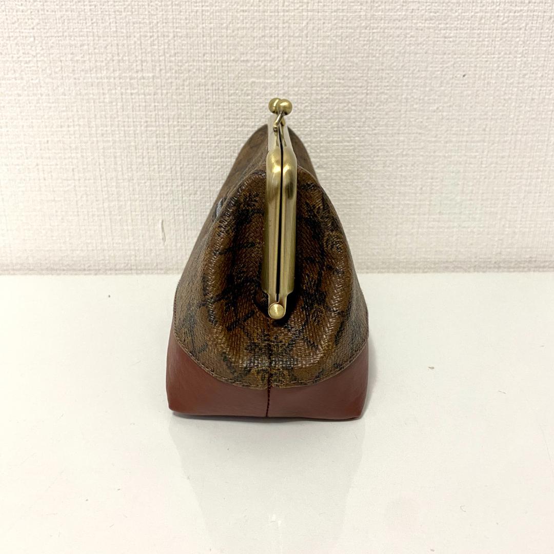 アンティーク風 がま口 ショルダー ブラウン×柄切替 ポーチセット 合皮