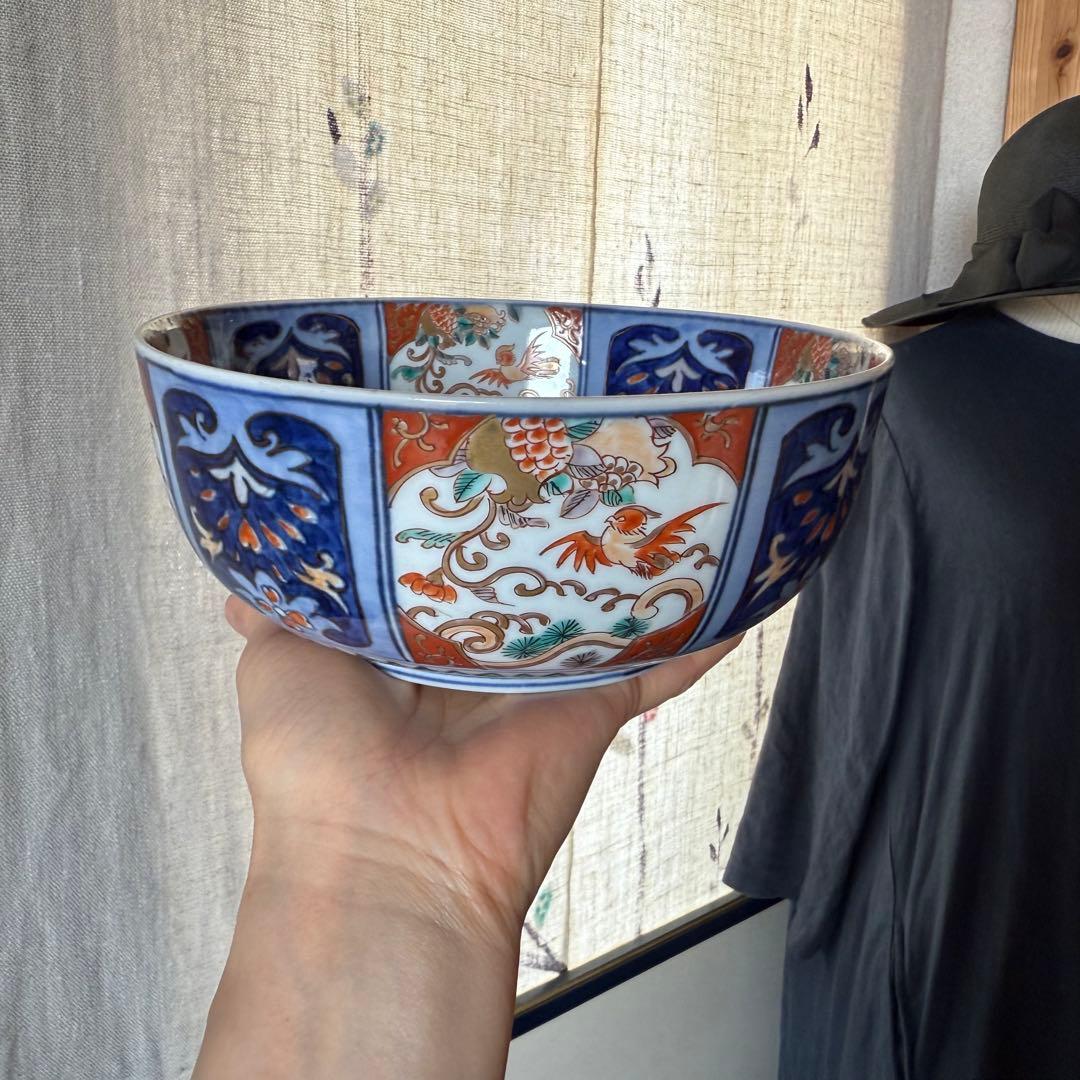 幕末古伊万里　染め錦中鉢　狛犬鳥など華やかなず柄　18.5cm