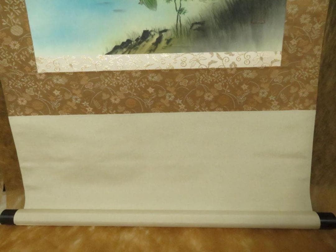 掛軸 石田雪外『風水発財富峰図 風景画』日本画 絹本 箱付 掛け軸 N10088