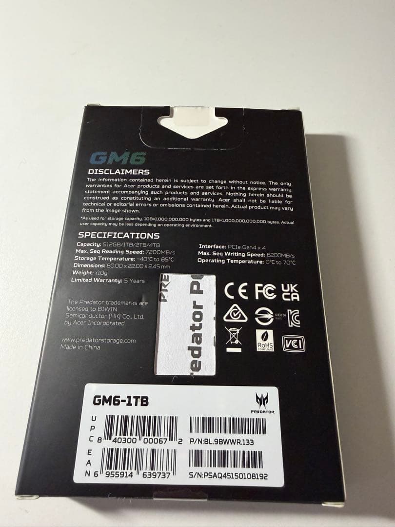 内蔵型SSD Predator GM6 1TB SSD