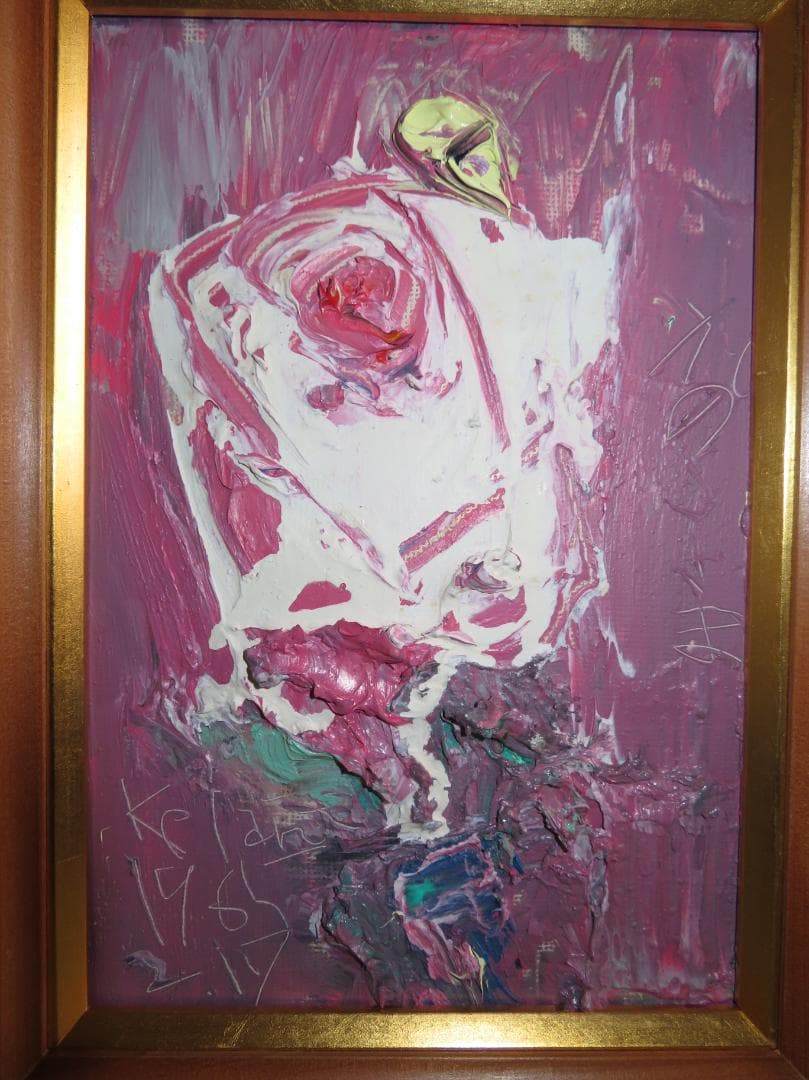 ◆　作者不明　「白薔薇」　油彩　SM号　◆