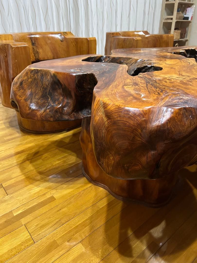 希少 屋久杉 応接セット ソファ ローテーブル 椅子4脚 無垢 天然木 一枚板