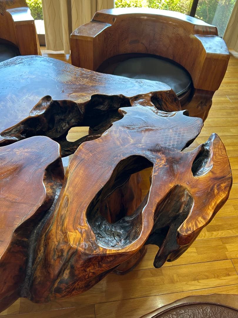 希少 屋久杉 応接セット ソファ ローテーブル 椅子4脚 無垢 天然木 一枚板