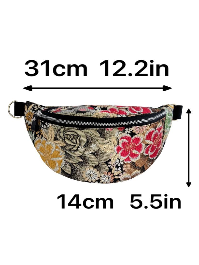 帯リメイクバッグ　黒地に映える赤い花と黄金の薔薇 ボディバッグ（一点物）