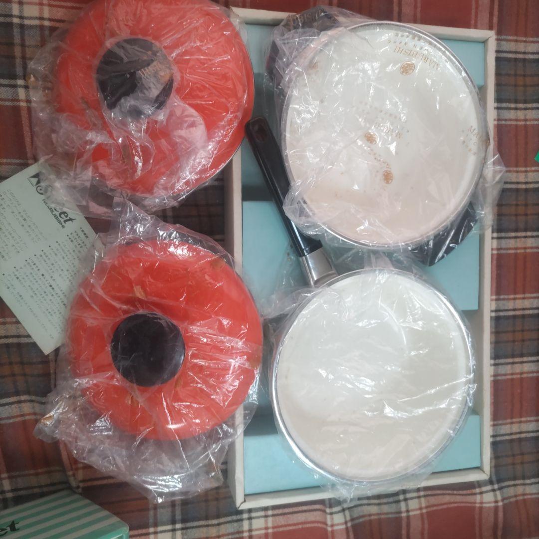 【未使用】昭和レトロ マルビシ ホーロー鍋セット 花柄 ポップ 当時物