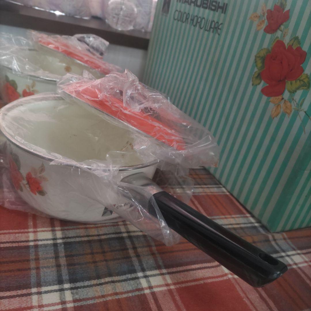 【未使用】昭和レトロ マルビシ ホーロー鍋セット 花柄 ポップ 当時物