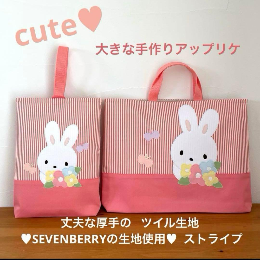 ハンドメイドレッスンバッグ・シューズバッグ・お着替え袋 3点・うさちゃん と蝶々