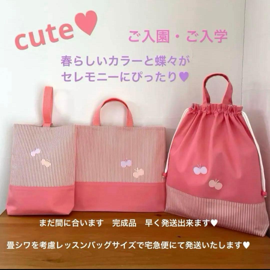 ハンドメイドレッスンバッグ・シューズバッグ・お着替え袋 3点・うさちゃん と蝶々