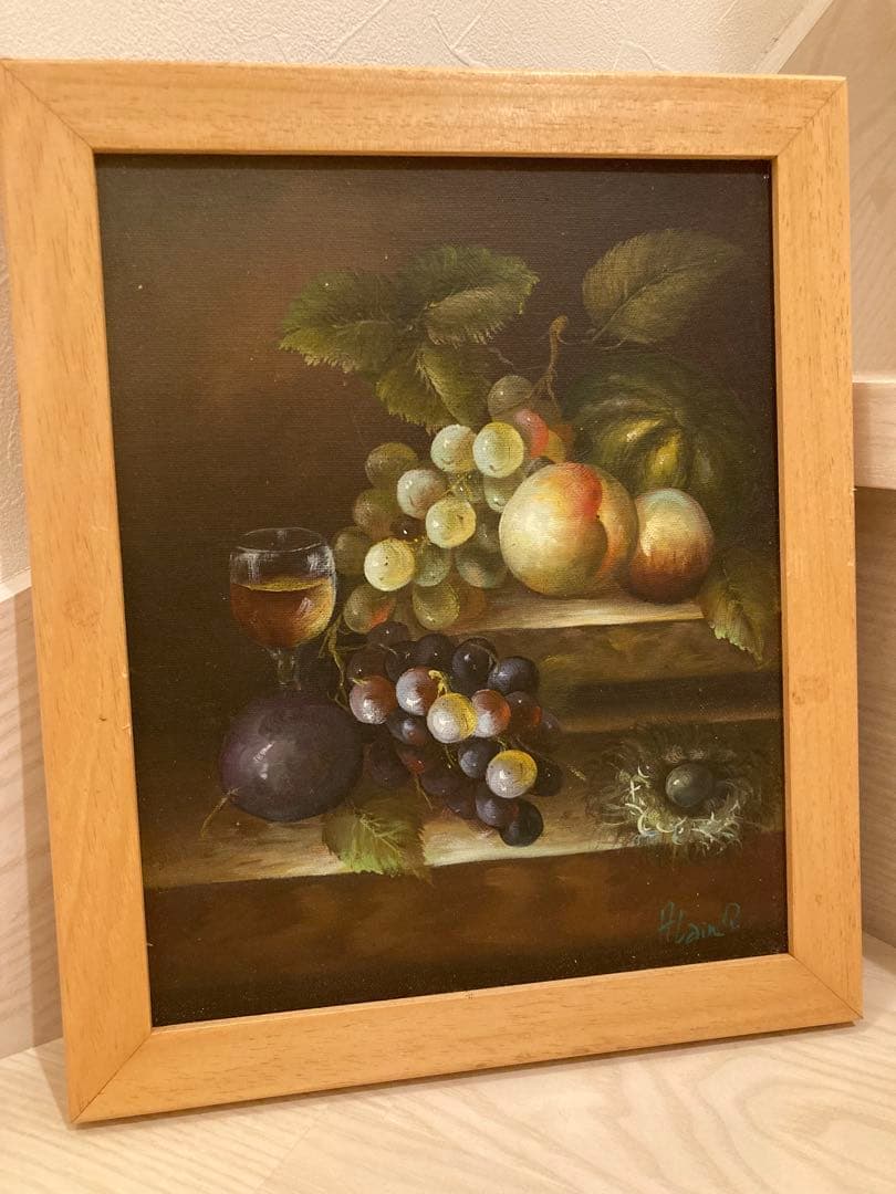 絵画　フレーム付き　果物と飲料の油彩画