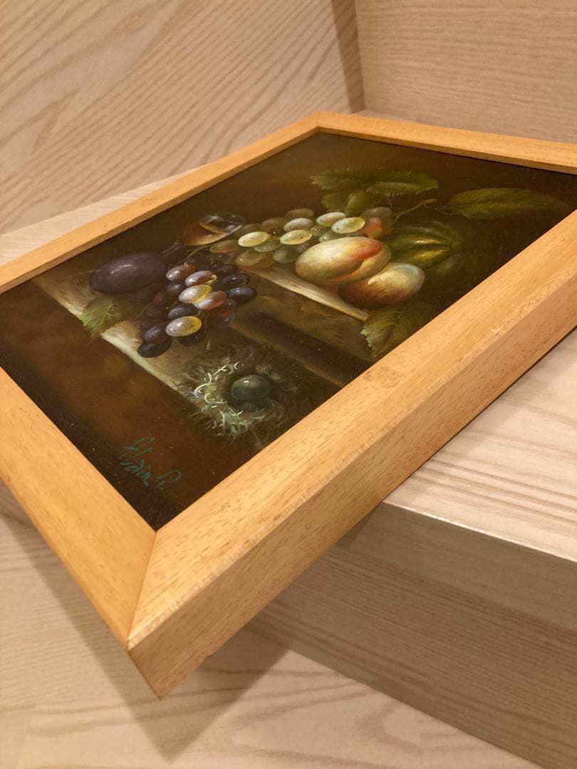 絵画　フレーム付き　果物と飲料の油彩画