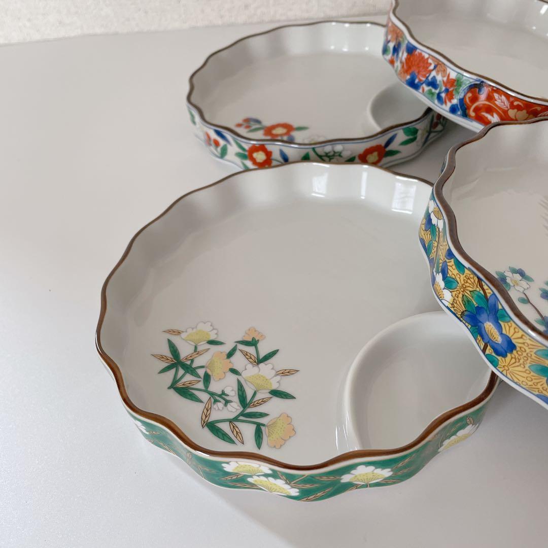 有田焼　吾山窯 絵変わり　花鳥文　仕切り皿　刺身皿　古伊万里 5枚セット　花