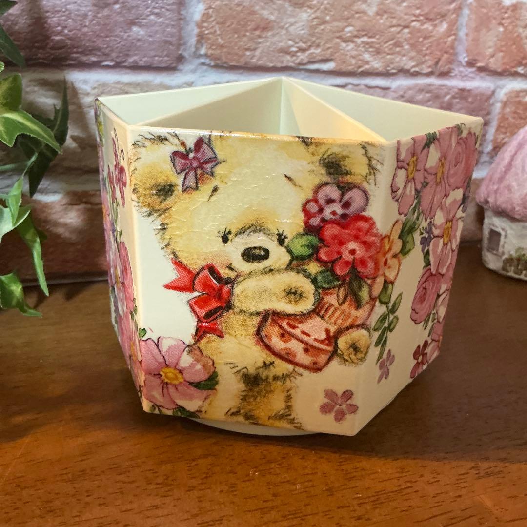 デコパージュ　ハンドメイド　回転式ペン立て　クマちゃん　うさぎちゃん