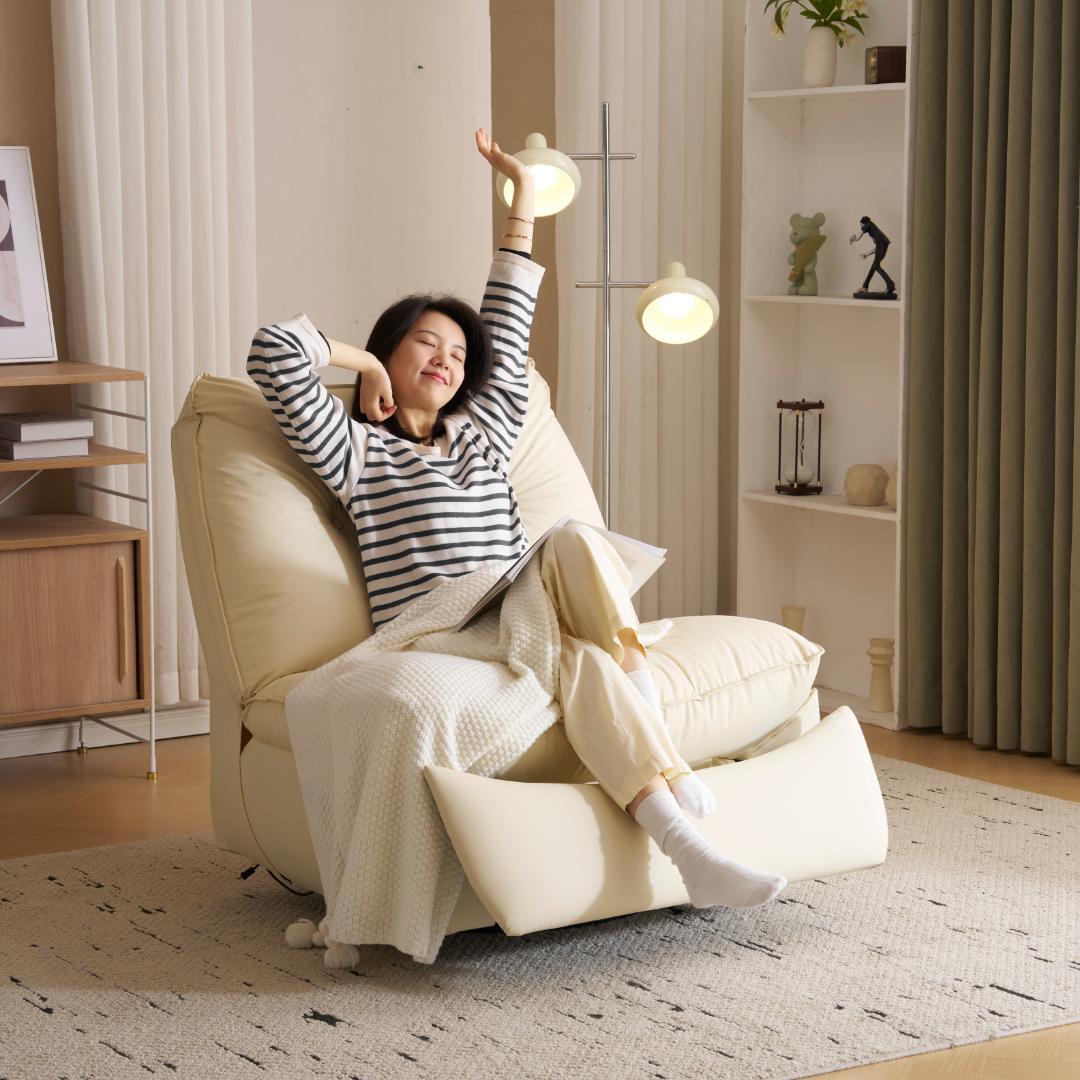 リクライニングソファー 肘掛けなし ロッキング オットマン一体型 【アイボリー】