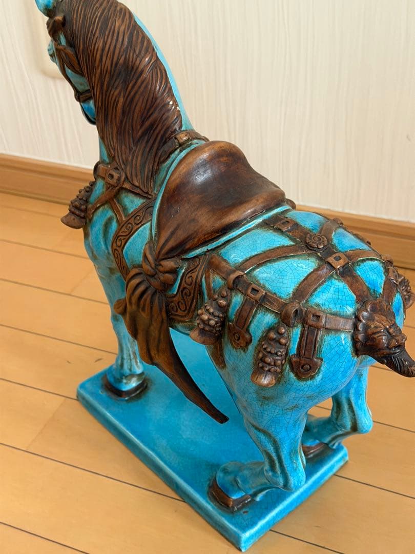 青い陶器製馬の置物 約41cm 縁起　戦馬