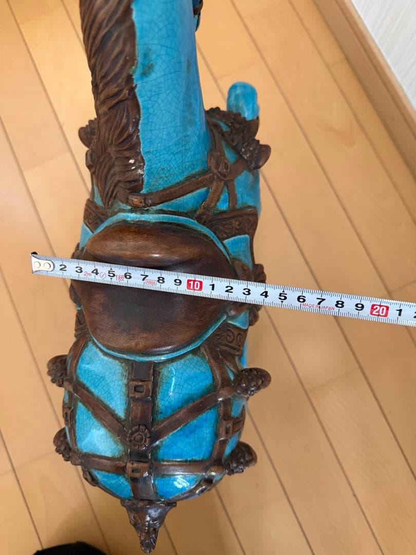 青い陶器製馬の置物 約41cm 縁起　戦馬