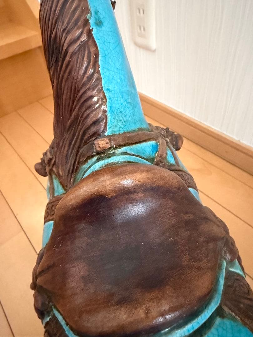 青い陶器製馬の置物 約41cm 縁起　戦馬