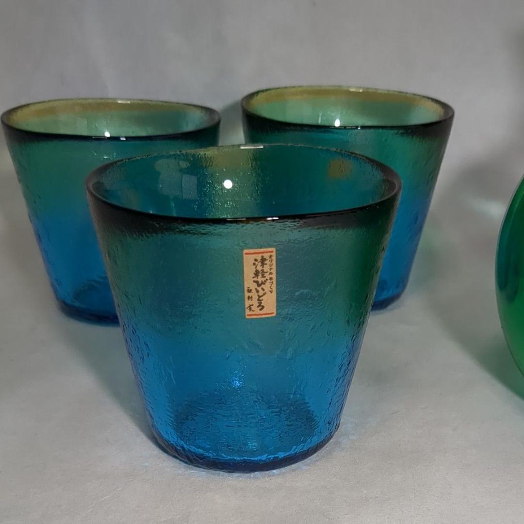 津軽びいどろ 秋村実工房 ガラス製 徳利＆猪口3個 ブルー系 シール付未使用品