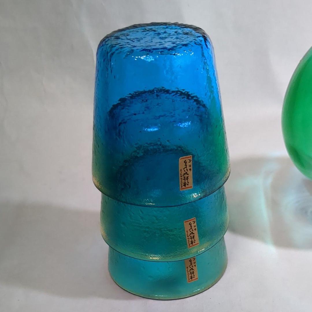 津軽びいどろ 秋村実工房 ガラス製 徳利＆猪口3個 ブルー系 シール付未使用品