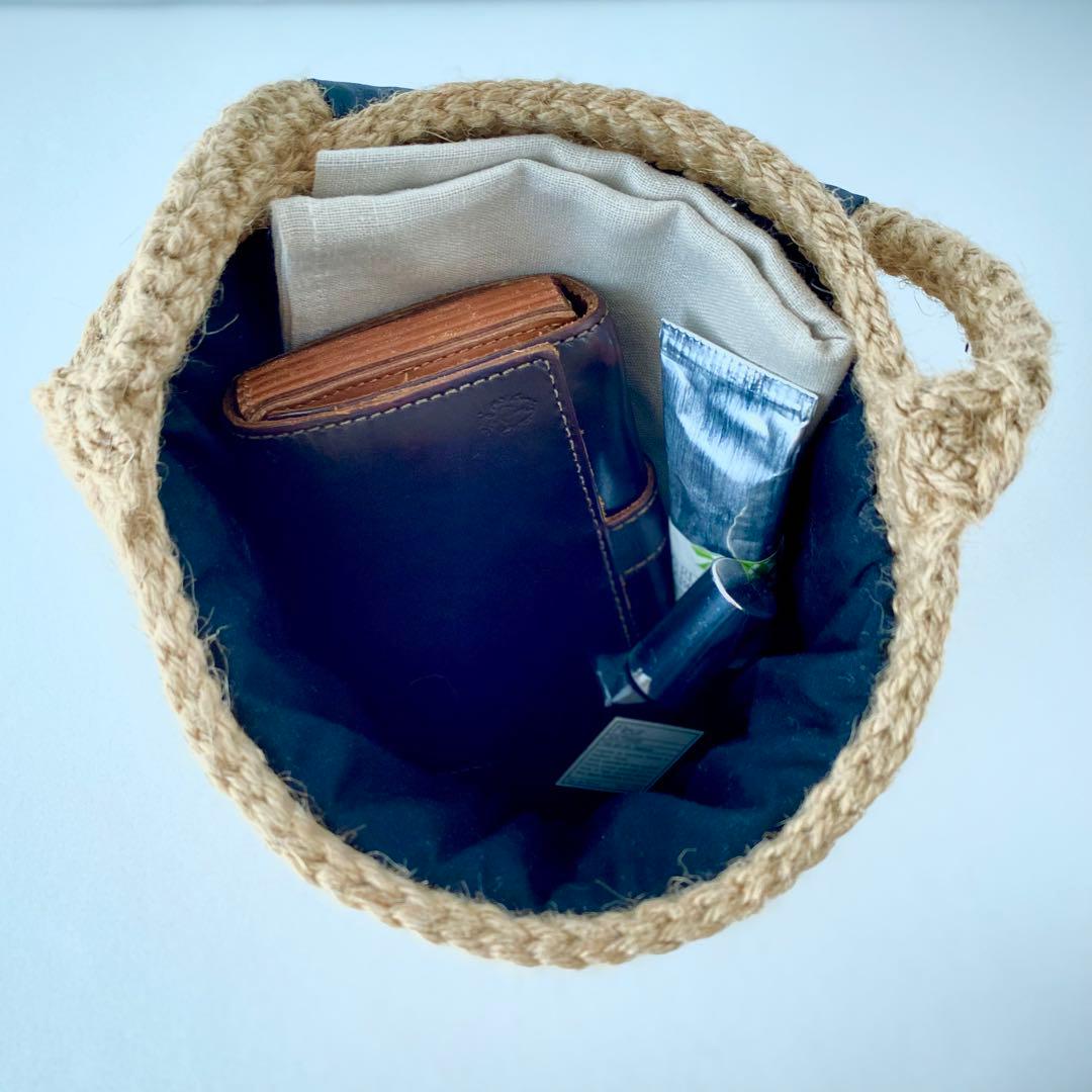【新品】麻ひも手編みかごワンハンドバッグ取手天然素材タンバリンdopカバー付き
