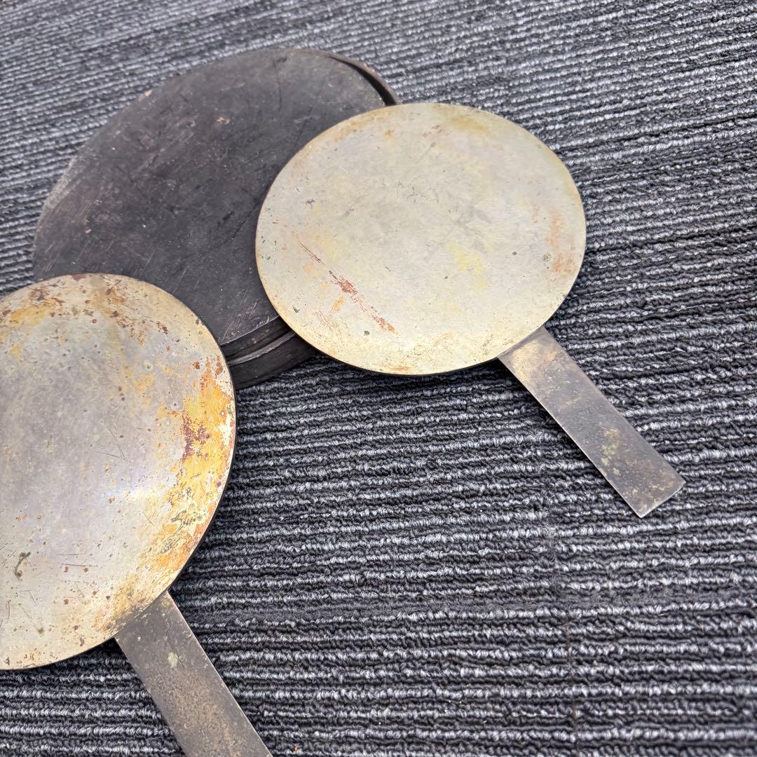 希少 江戸期【藤原光長】和鏡 2点セット 共箱付 彫刻 骨董 アンティーク 青銅