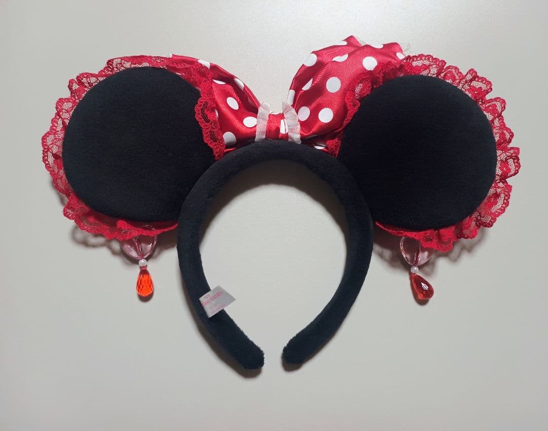 即日発送　ディズニー　ミニー　水玉リボン　イヤリングカチューシャ　レース　赤