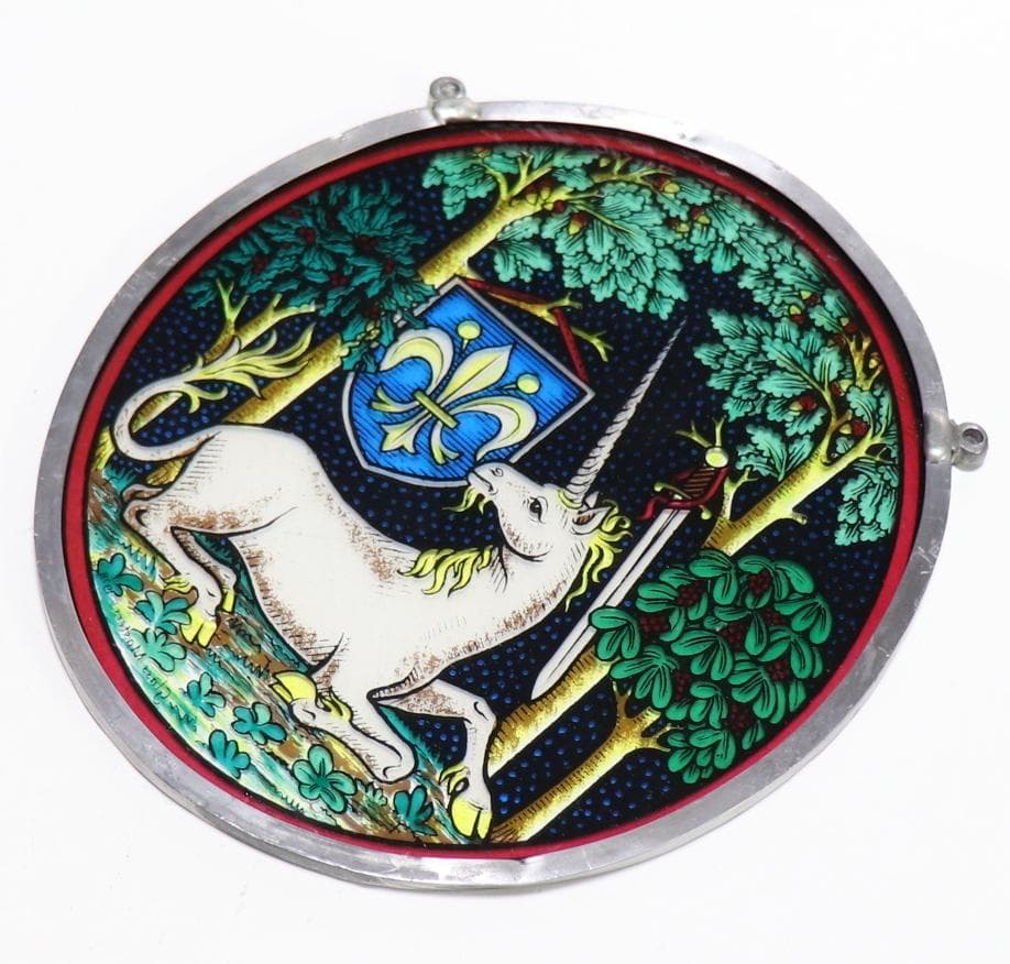 ユニコーンと百合の紋章(エンブレム) ヴィンテージ ステンドグラス 中世