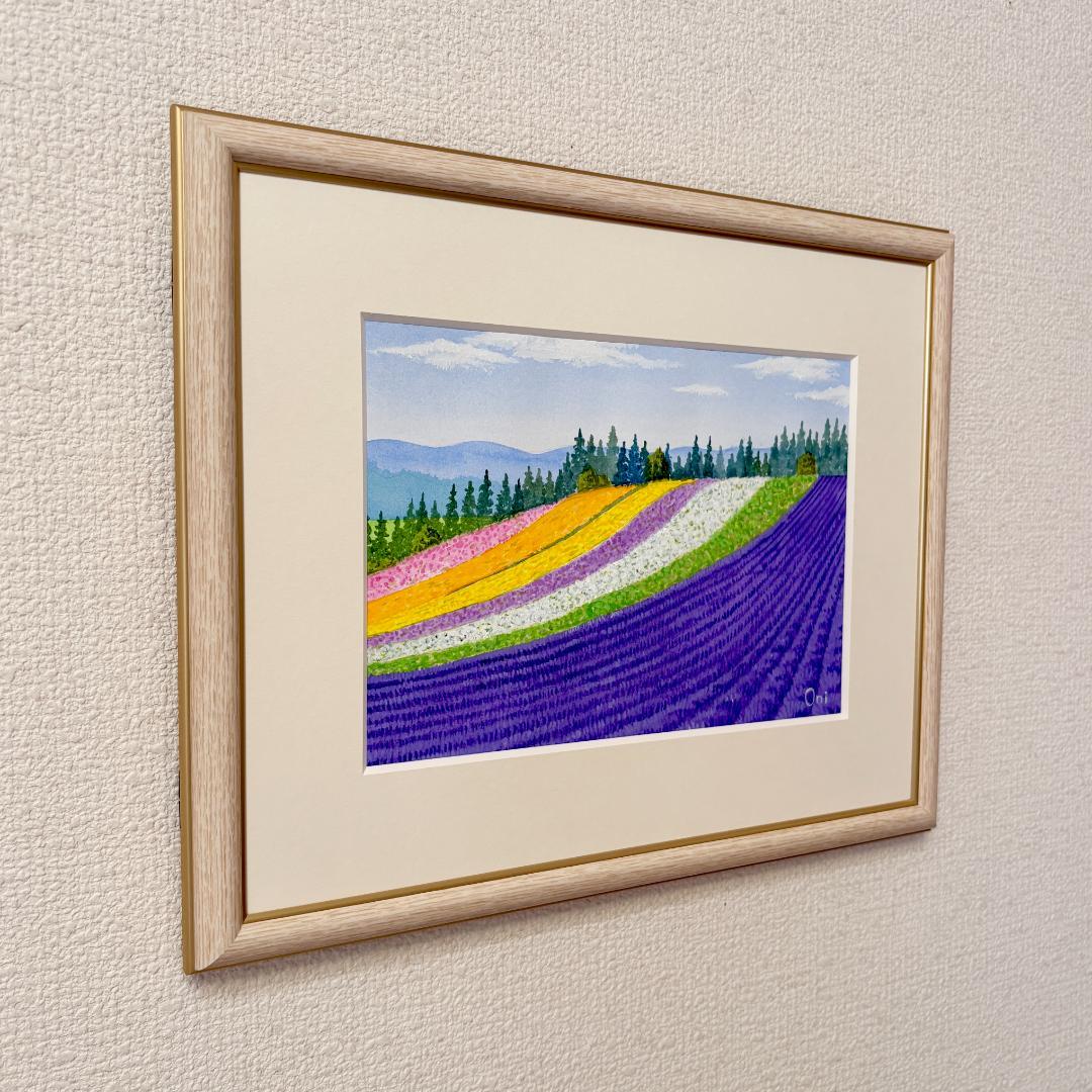 アクリル画　原画　「ラベンダー畑13」額縁付　SMサイズ　風景画