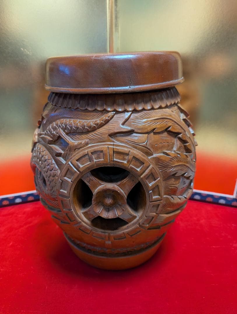 古家具　木彫り　スツール　龍鳳彫　アンティーク　小物入れ兼用