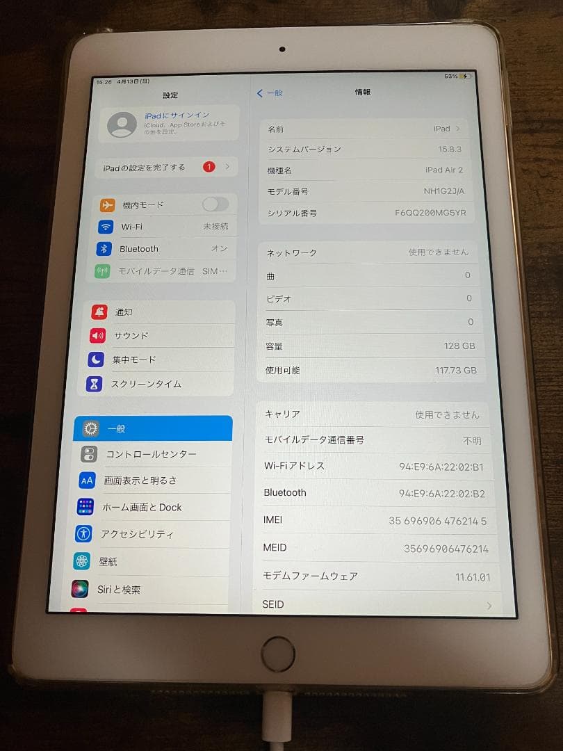 iPad Air2(128GB、Wi‑Fi + Cellular)保護ケース付き