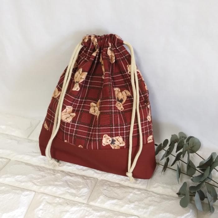 《送料無料》通園・通学3点セット・タータンチェックなクマさん・レッド＃n1410