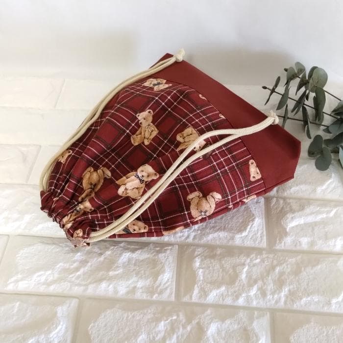 《送料無料》通園・通学3点セット・タータンチェックなクマさん・レッド＃n1410