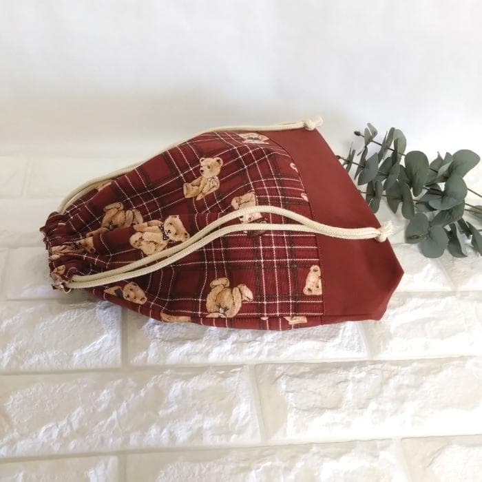 《送料無料》通園・通学3点セット・タータンチェックなクマさん・レッド＃n1410