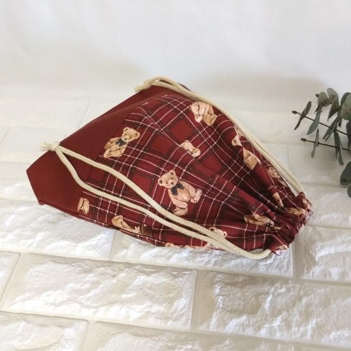 《送料無料》通園・通学3点セット・タータンチェックなクマさん・レッド＃n1410