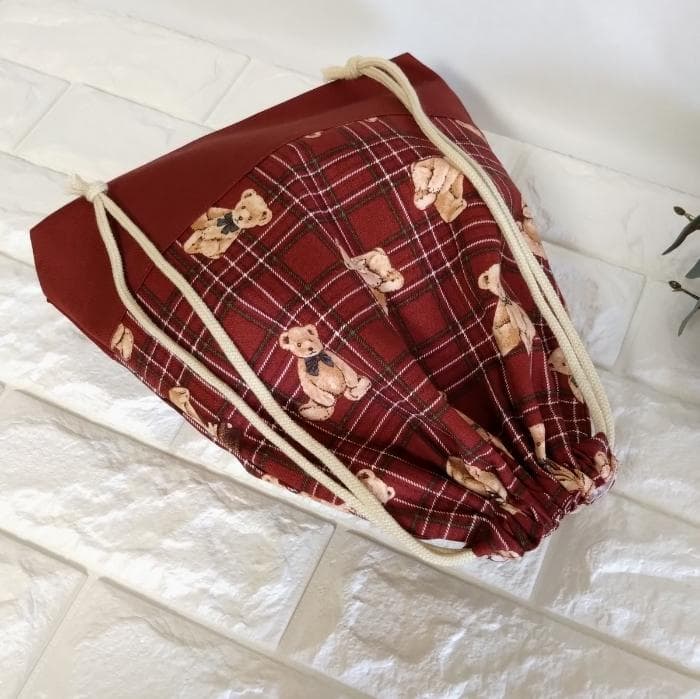 《送料無料》通園・通学3点セット・タータンチェックなクマさん・レッド＃n1410