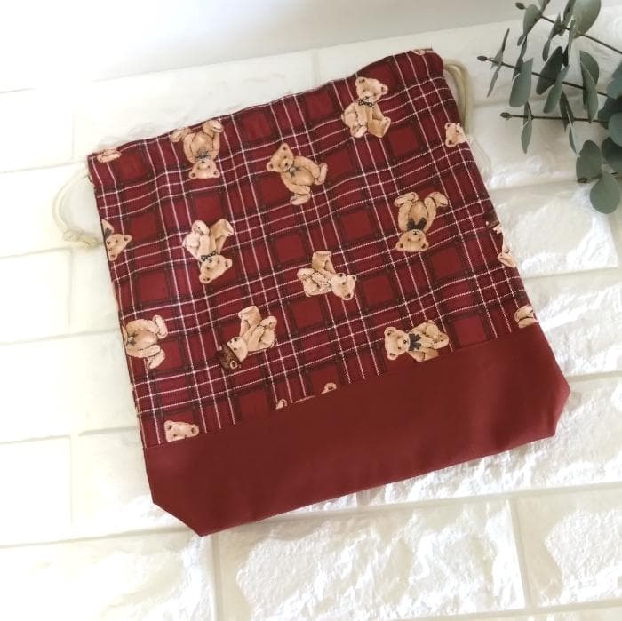 《送料無料》通園・通学3点セット・タータンチェックなクマさん・レッド＃n1410