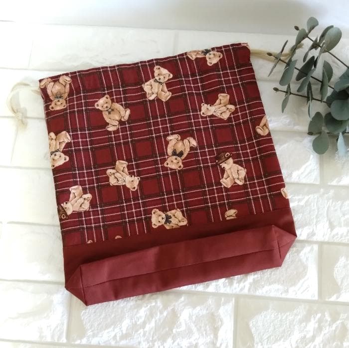 《送料無料》通園・通学3点セット・タータンチェックなクマさん・レッド＃n1410