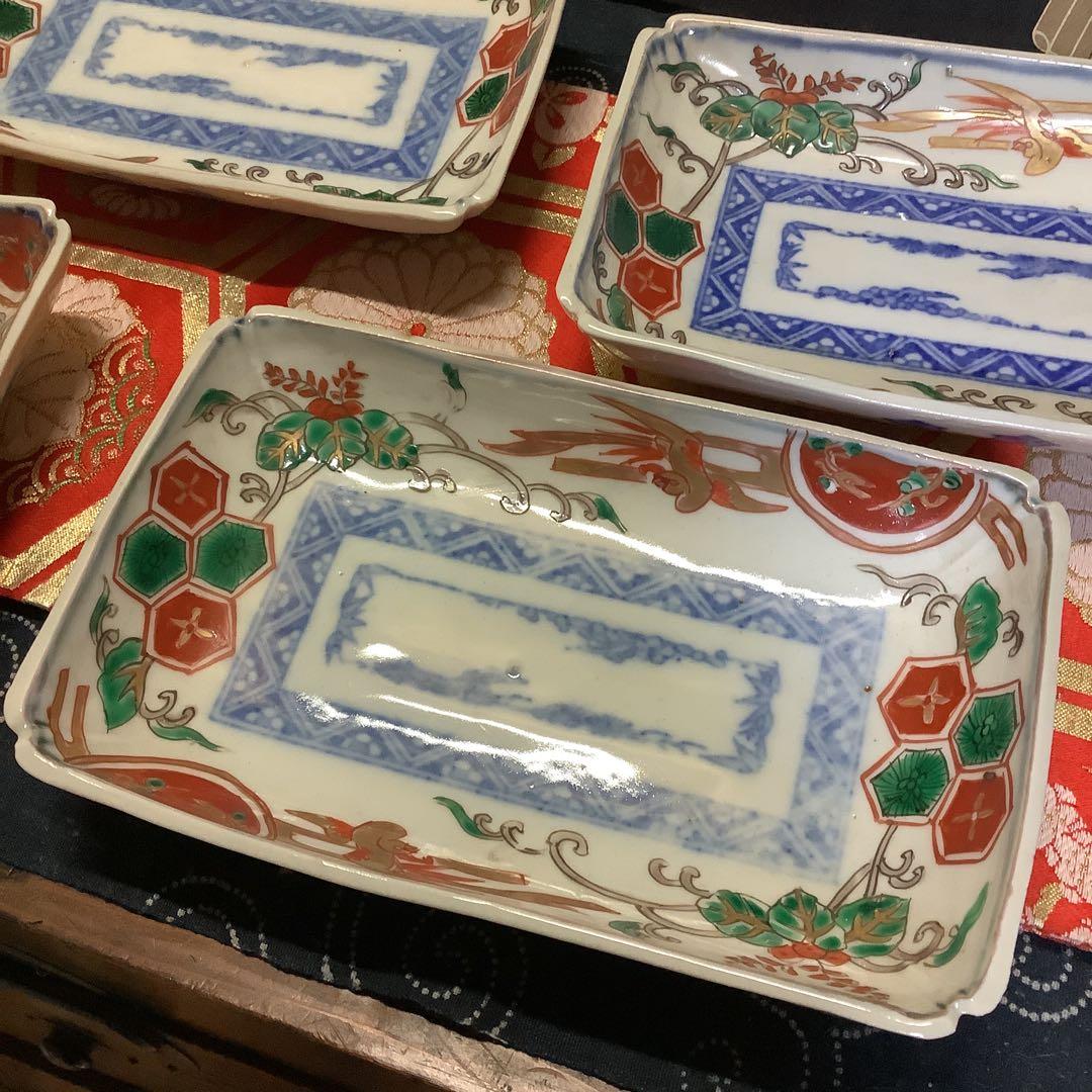 古伊万里　金欄色絵　絵皿　鳳凰紋　長方皿　5客　江戸〜幕末　輪島塗・李朝好きにも