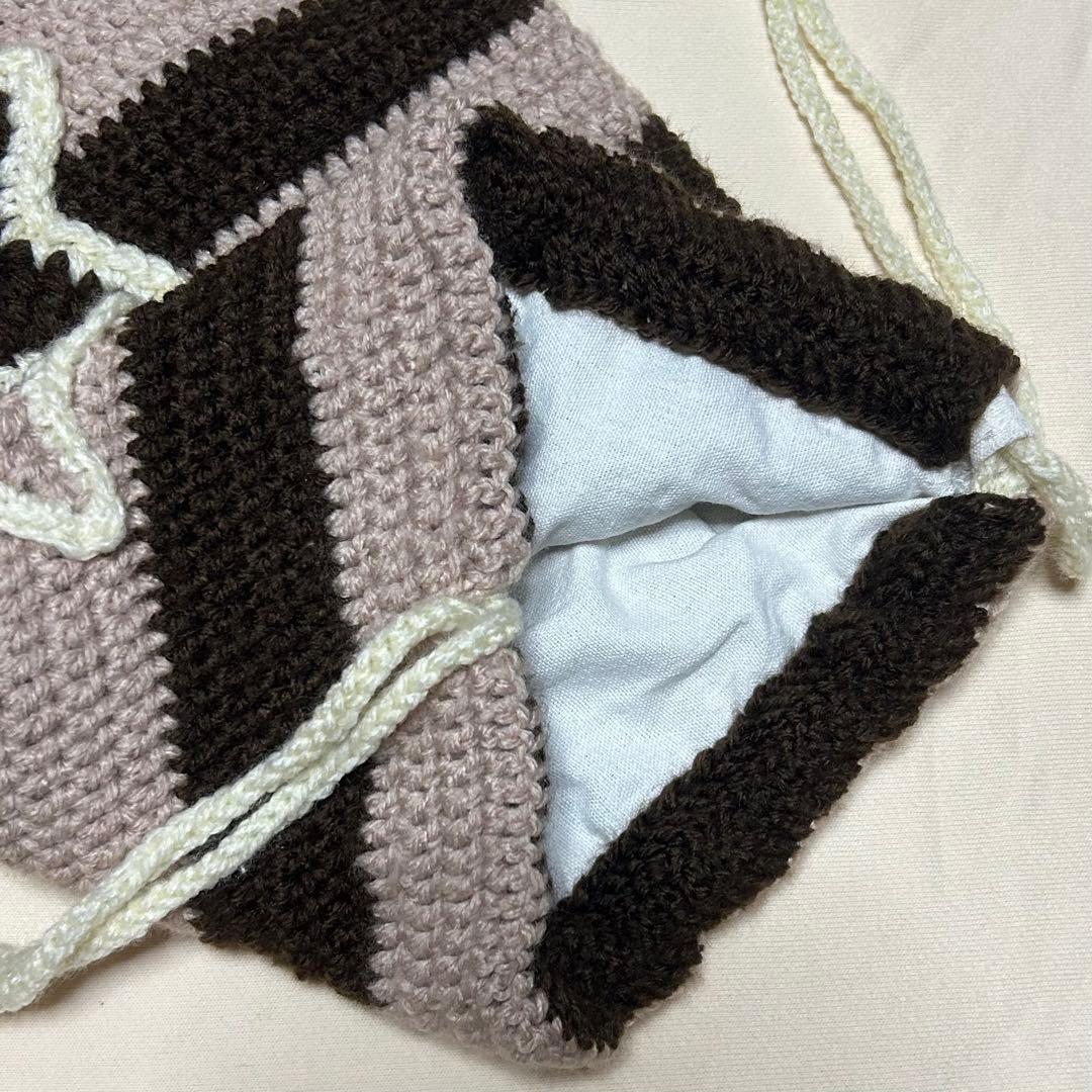 ナップサック 編み物 バックパック ボーダー 茶 星 かぎ針編み ハンドメイド