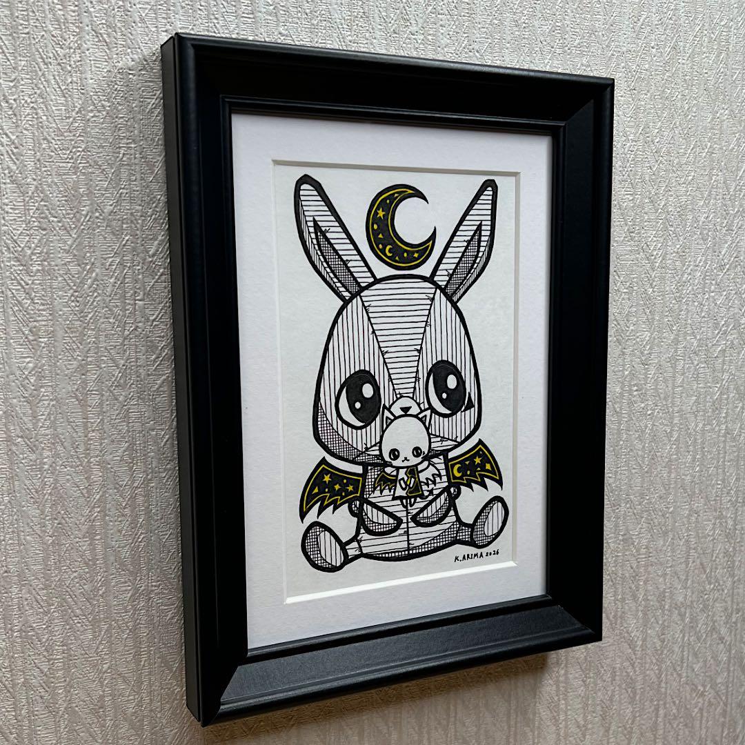 『小悪魔天使』原画一点物 絵画 手描き 癒し 猫 うさぎ 額縁付き アート作品