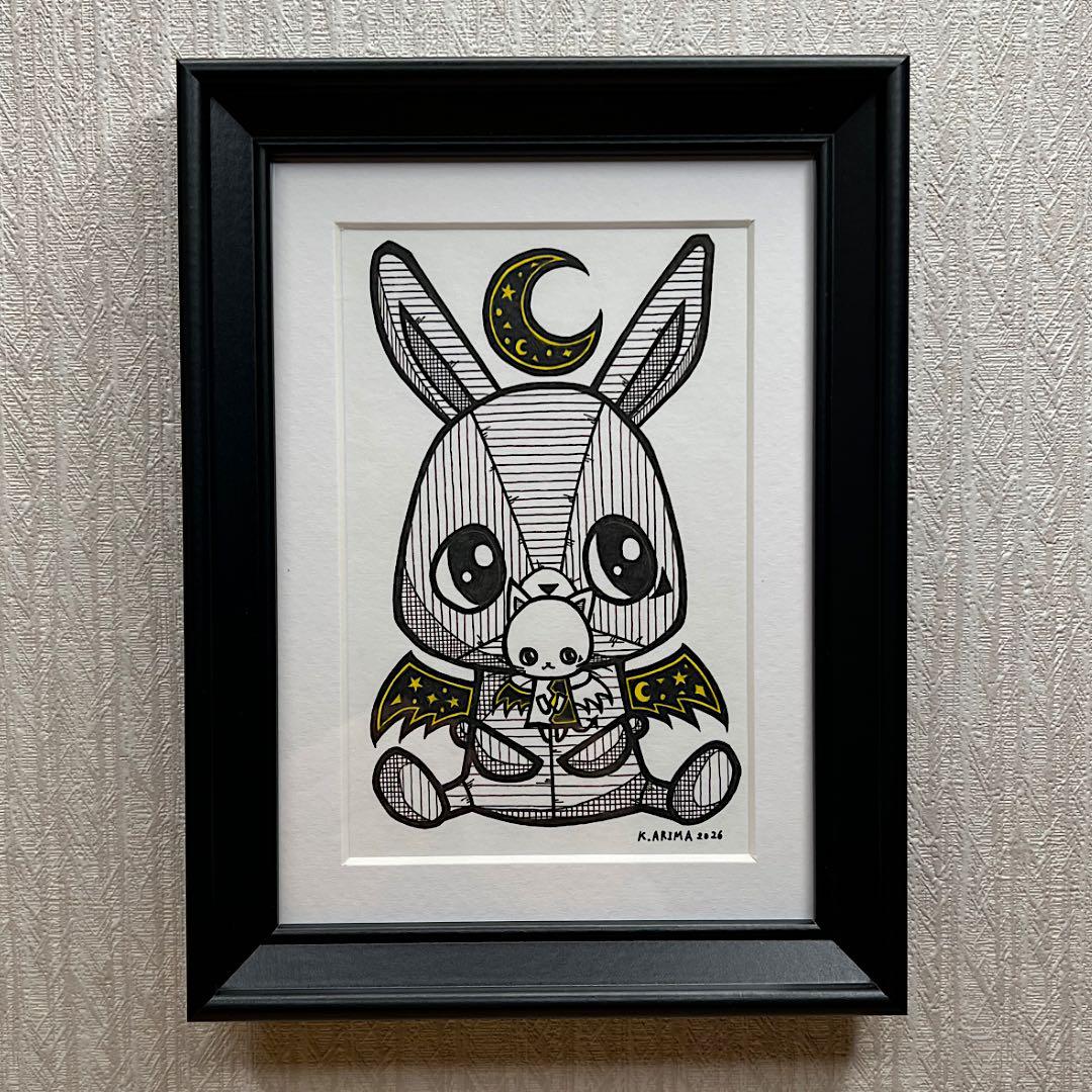 『小悪魔天使』原画一点物 絵画 手描き 癒し 猫 うさぎ 額縁付き アート作品
