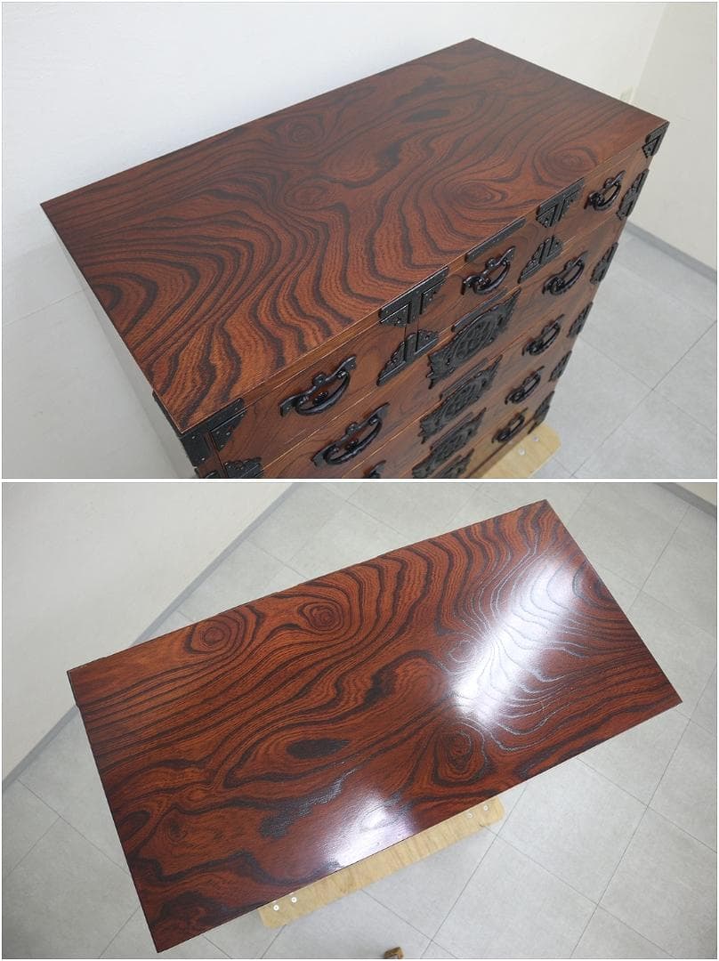 岩谷堂箪笥 三尺 整理箪笥 5段 鍵付 南部鉄器金具 牡丹紋様 タンス チェスト