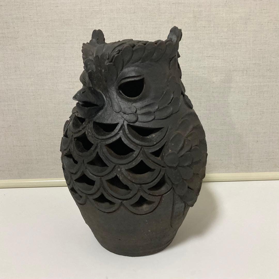 信楽焼 陶器 フクロウ 梟 置物 オブジェ 透かし 工芸品 モダン レトロ