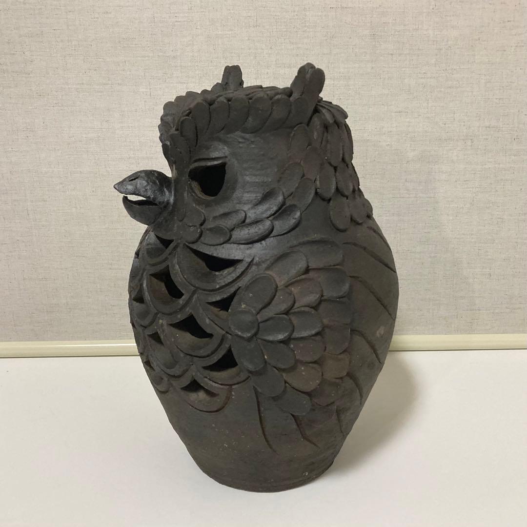 信楽焼 陶器 フクロウ 梟 置物 オブジェ 透かし 工芸品 モダン レトロ
