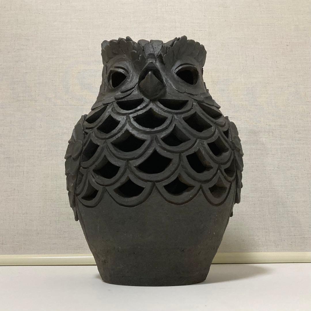信楽焼 陶器 フクロウ 梟 置物 オブジェ 透かし 工芸品 モダン レトロ