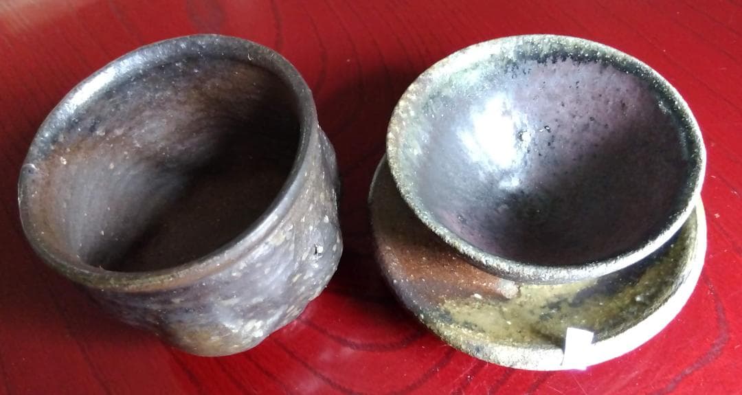 前焼名工　白越不朝　塩越窯自然灰釉究極美逸品ぐい呑み湯呑2種茶托3点セットNo8