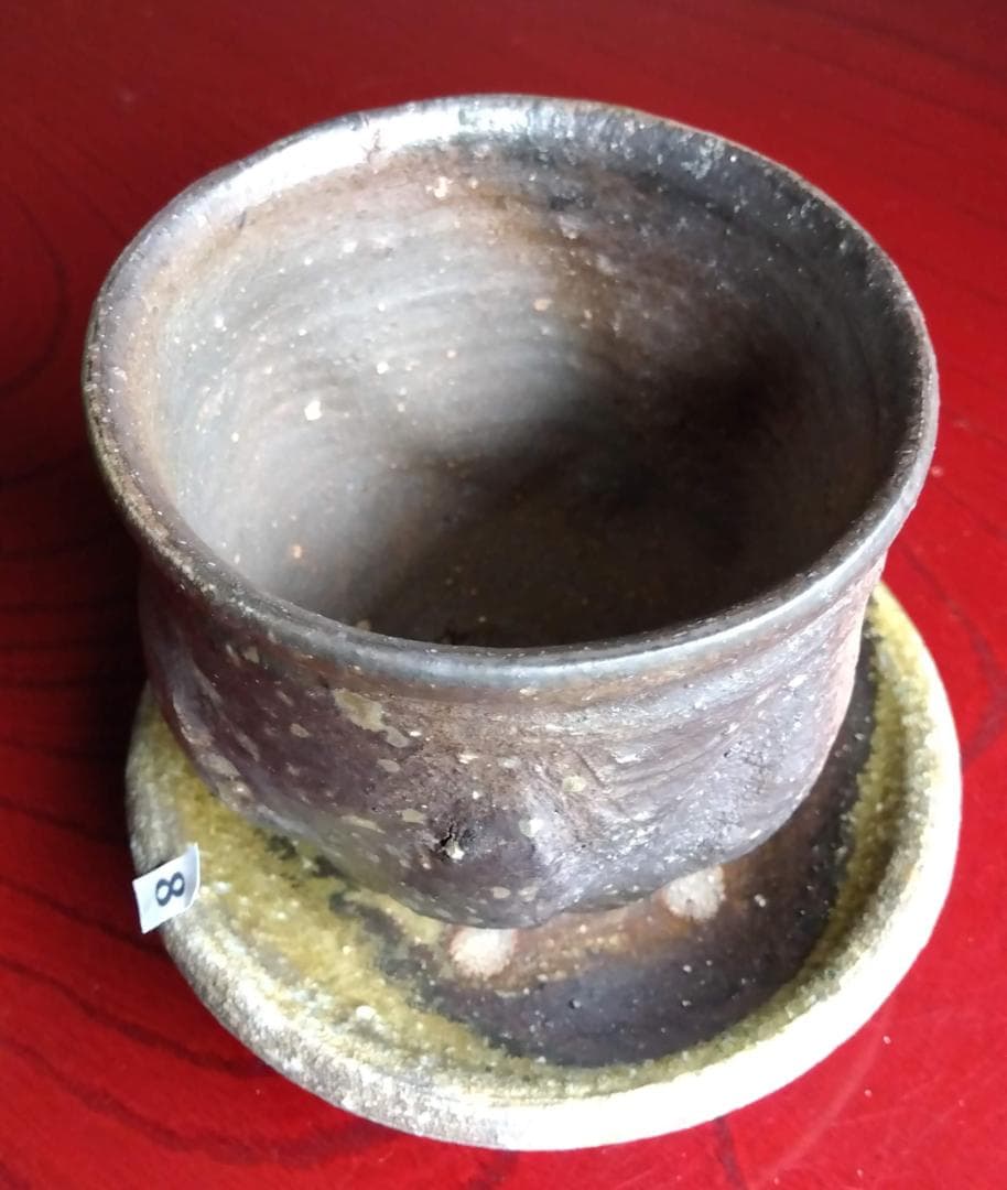 前焼名工　白越不朝　塩越窯自然灰釉究極美逸品ぐい呑み湯呑2種茶托3点セットNo8