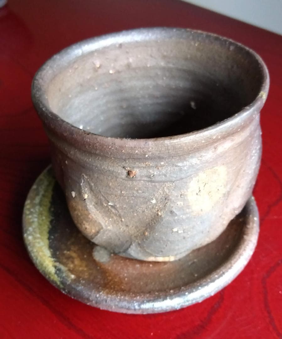 前焼名工　白越不朝　塩越窯自然灰釉究極美逸品ぐい呑み湯呑2種茶托3点セットNo8