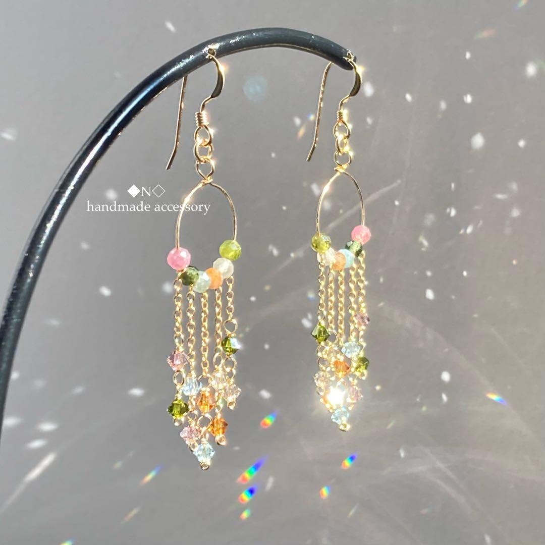 14kgf マルチカラートルマリンとスワロフスキー・クリスタルの煌めくピアス