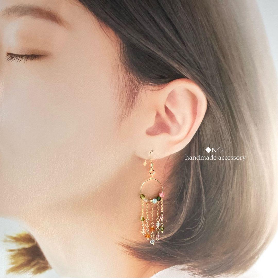 14kgf マルチカラートルマリンとスワロフスキー・クリスタルの煌めくピアス