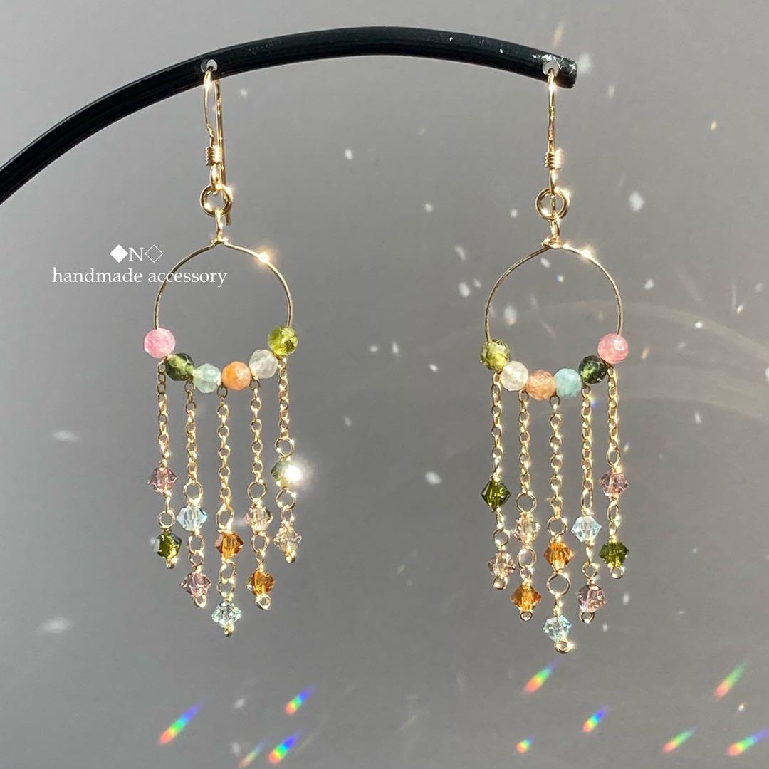 14kgf マルチカラートルマリンとスワロフスキー・クリスタルの煌めくピアス